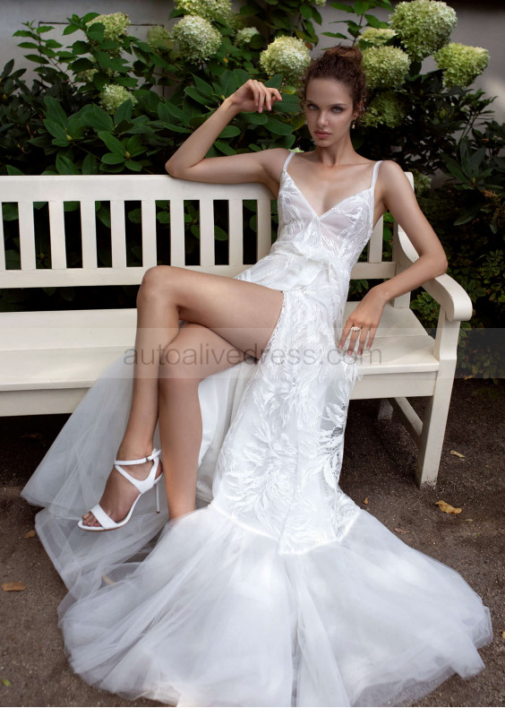 Ivory Wrapped Lace Tulle Slit Wedding Dress Ivory Wrapped Lace Tulle Slit Wedding Dress
